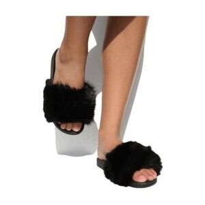 Air Underground Black Faux Fur Slide Slippers Flat Sandal Shoes 11‎